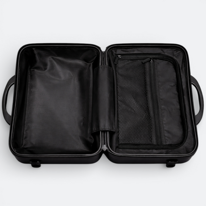 AïtaVia black hard-shell makeup vanity case with organized interior compartments and mesh pocket.