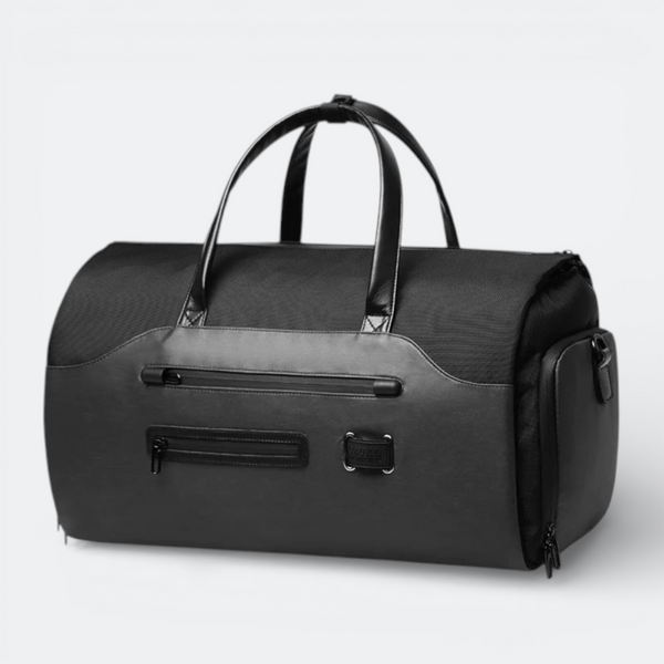 AïtaVia black leather and nylon duffel bag with dual handles and multiple zippered pockets, ideal for travel.