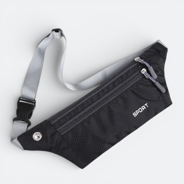 AïtaVia black nylon travel waist bag with multiple zippered pockets and adjustable grey strap.