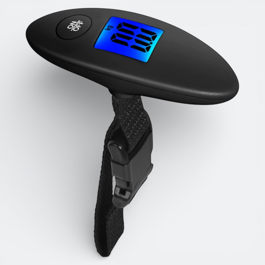 AïtaVia black portable luggage scale with digital display and strap for weighing bags.