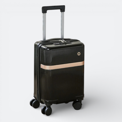 AïtaVia black hard-shell carry-on suitcase with removable wheels and rose gold accent.