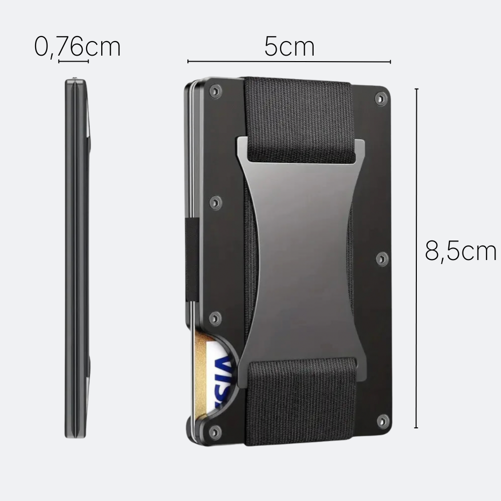 AïtaVia black RFID card holder with elastic strap and metal money clip, 8.5cm x 5cm x 0.76cm