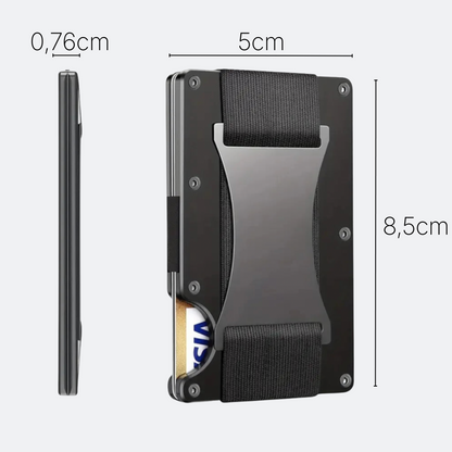 AïtaVia black RFID card holder with elastic strap and metal money clip, 8.5cm x 5cm x 0.76cm