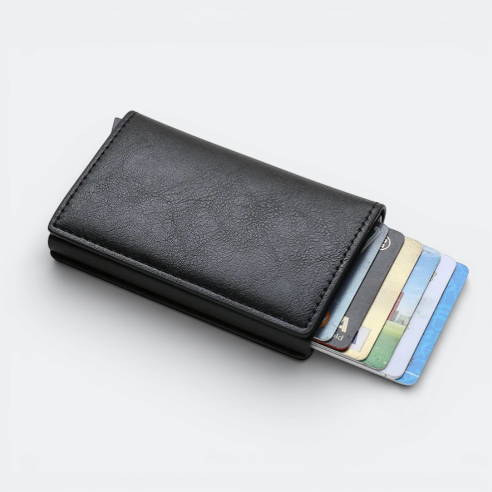 AïtaVia black faux leather RFID blocking card holder with multiple cards visible