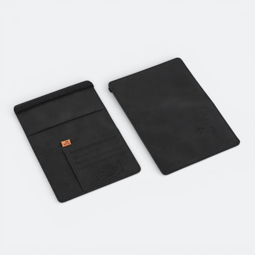 AïtaVia black leather passport holder with RFID protection and card slots, ideal for travel.