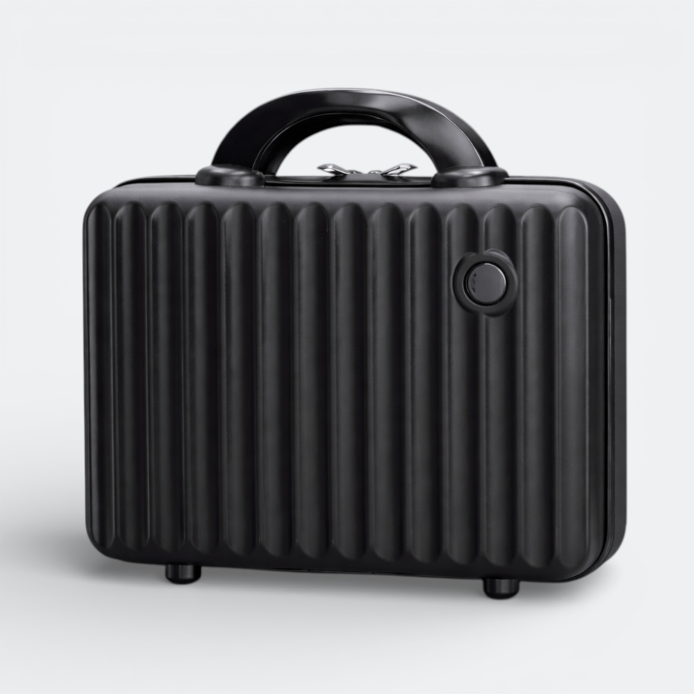 AïtaVia black ribbed petite makeup case with a sturdy handle and secure clasp. Ideal for travel.