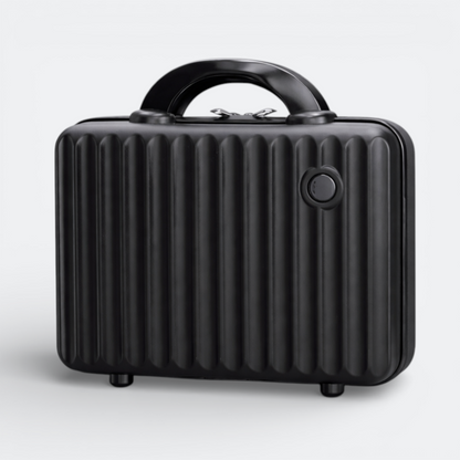 AïtaVia black ribbed petite makeup case with a sturdy handle and secure clasp. Ideal for travel.