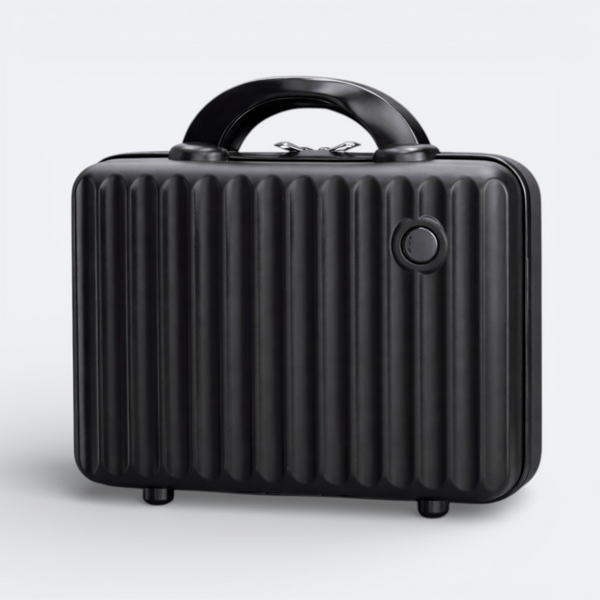 AïtaVia black ribbed petite makeup case with a sturdy handle and secure clasp. Ideal for travel.