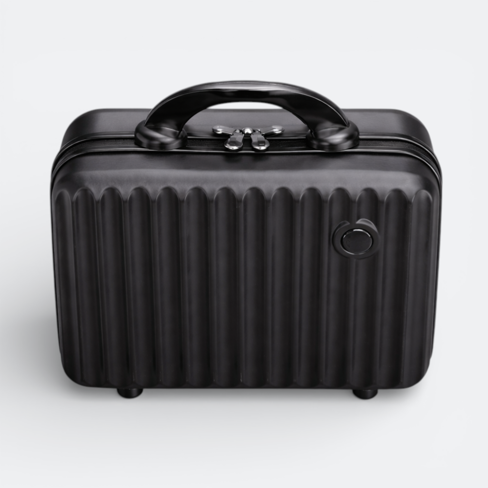 AïtaVia black ribbed vanity case with a curved handle and silver zipper. Compact makeup luggage for travel.