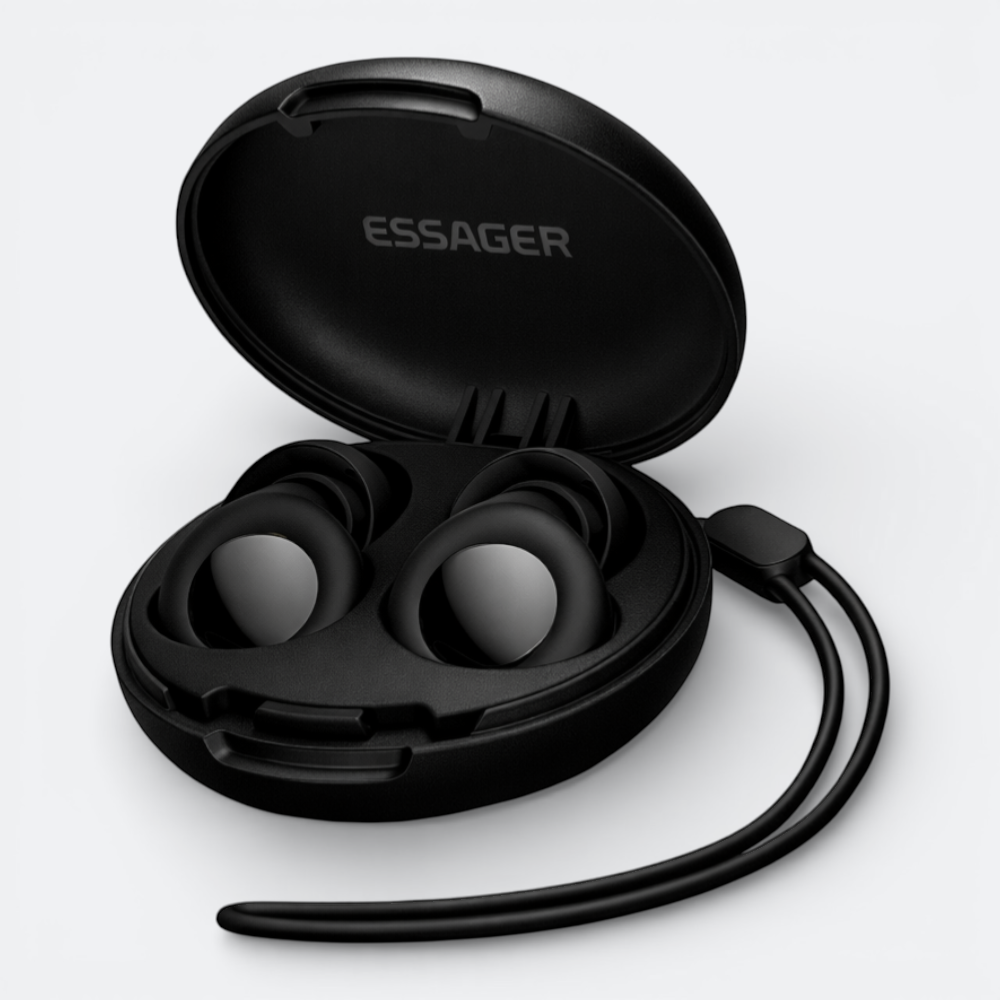 AïtaVia black silicone earplugs with carrying case, ideal for sleep, swimming, and travel.