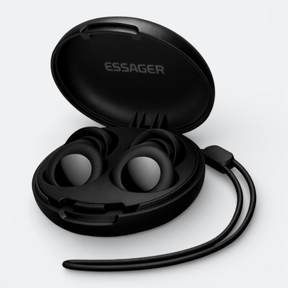 AïtaVia black silicone earplugs with carrying case, ideal for sleep, swimming, and travel.