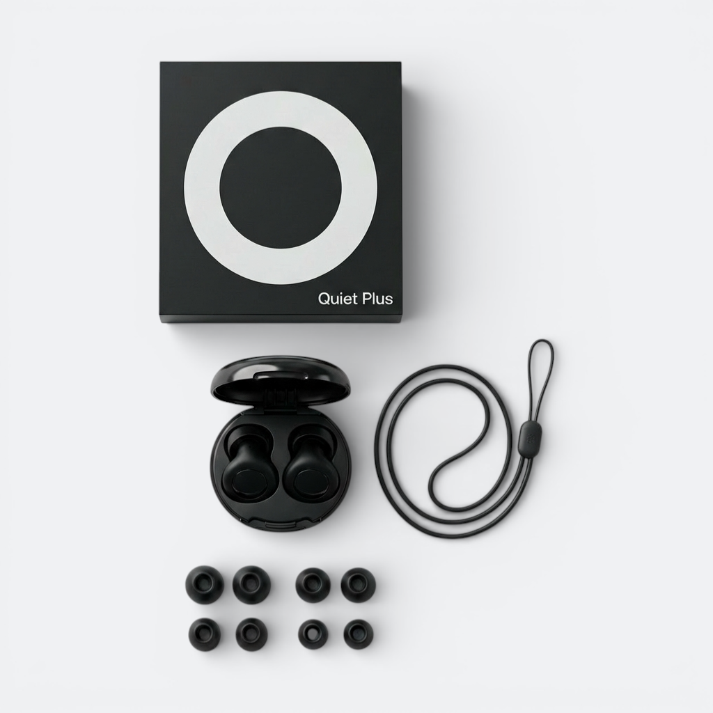 AïtaVia black silicone earplugs with charging case and multiple ear tip sizes. Includes a lanyard for travel.