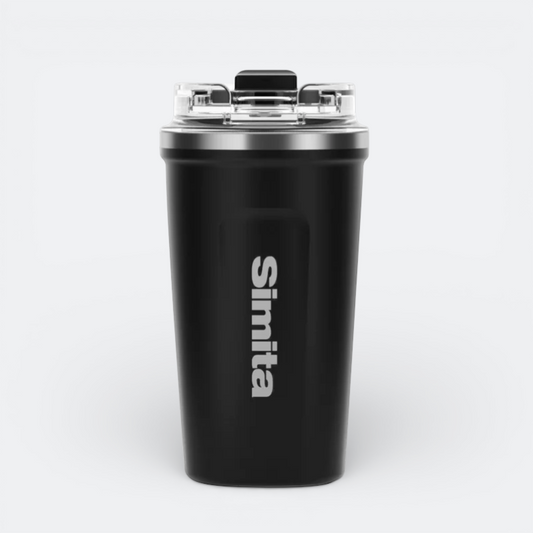 AïtaVia black stainless steel travel thermos with clear lid and silver trim. Features a vertical "Simita" logo.