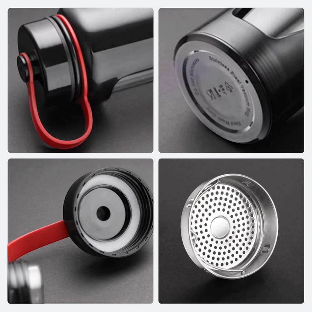 AïtaVia black stainless steel water bottle with red loop and strainer lid, ideal for travel and daily hydration.