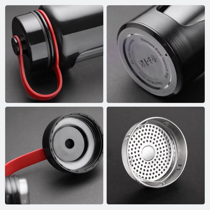 AïtaVia black stainless steel water bottle with red loop and strainer lid, ideal for travel and daily hydration.
