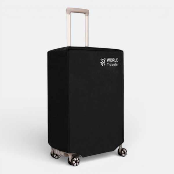 AïtaVia black suitcase cover with World Traveler logo, protecting luggage from damage during travel.