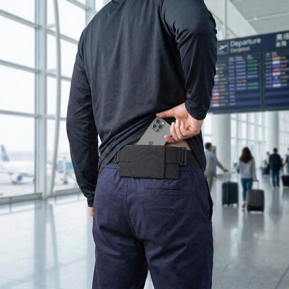 AïtaVia black secure travel belt pouch for discreetly carrying essentials like a phone, worn under clothing.