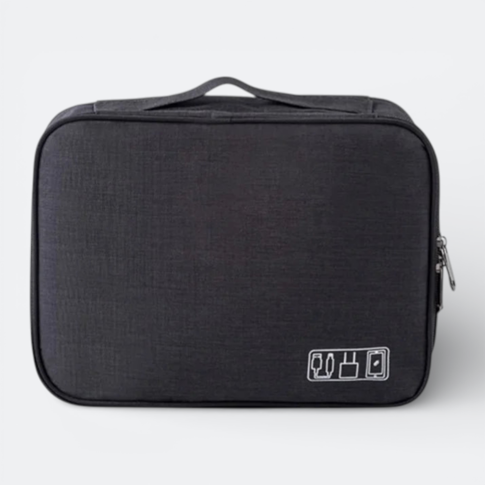 AïtaVia black travel organizer bag for charging cables and accessories, with zippered closure and top handle.