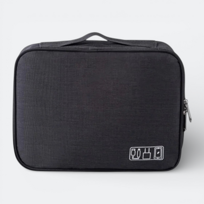 AïtaVia black travel organizer bag for charging cables and accessories, with zippered closure and top handle.