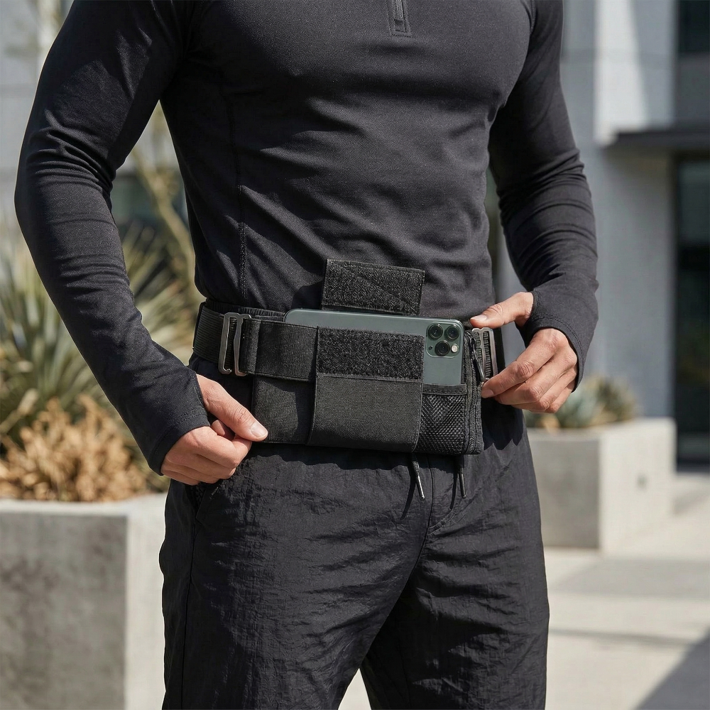 AïtaVia black travel belt with phone pouch, adjustable strap, and secure closure for discreet storage during adventures.