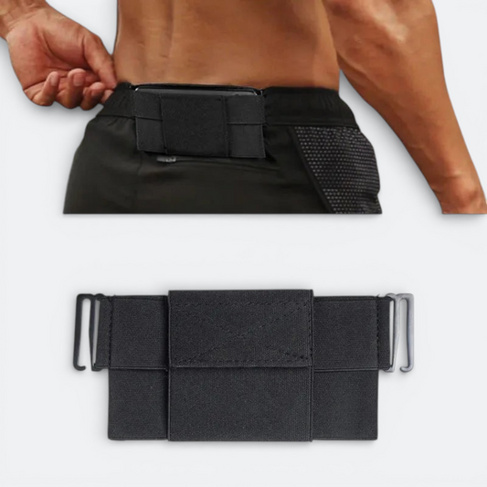 AïtaVia black elastic travel belt with phone pouch, discreetly worn around the waist under clothing.