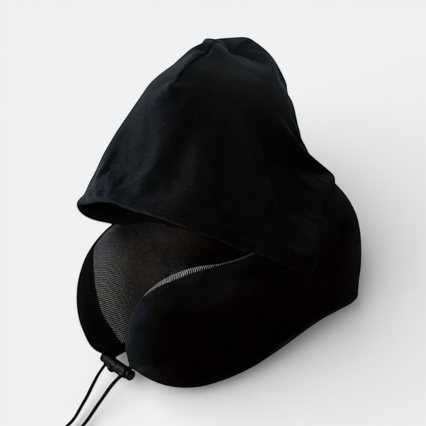 AïtaVia black travel pillow with integrated hood for privacy and comfort during journeys.
