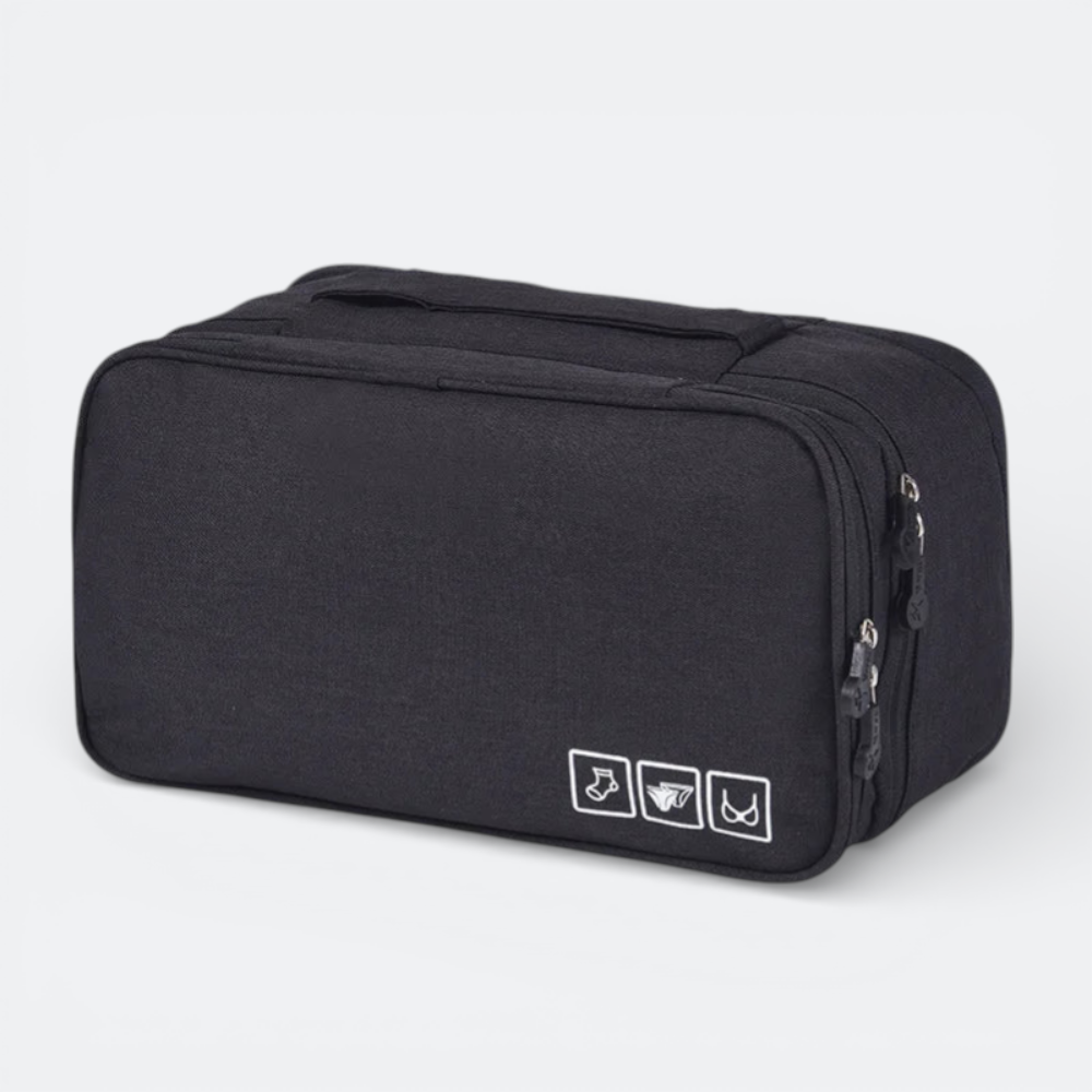 AïtaVia black travel underwear organizer bag with zipper closure and icons for socks, bras, and underwear.