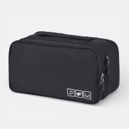 AïtaVia black travel underwear organizer bag with zipper closure and icons for socks, bras, and underwear.