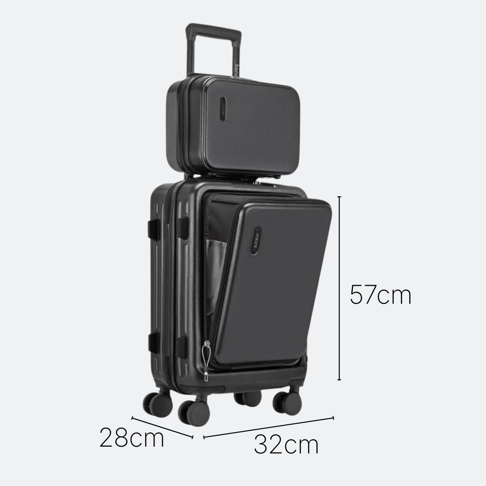 AïtaVia black hard-shell carry-on luggage set with TSA lock and front opening compartment. Dimensions shown.