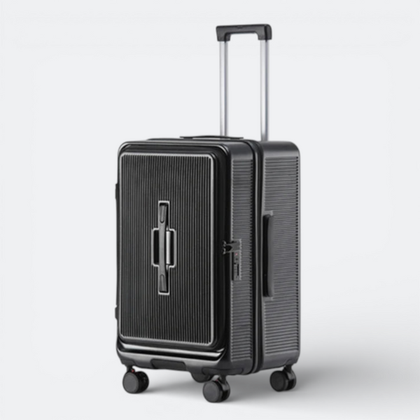 AïtaVia black hard-shell carry-on suitcase with ribbed texture and integrated USB charger port.