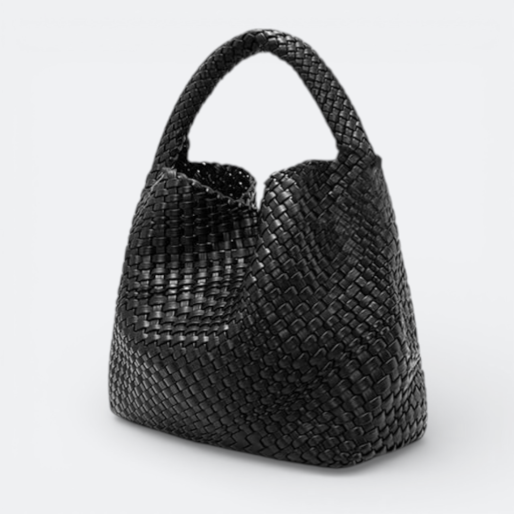 AïtaVia black woven leather large tote bag with a single handle. Ideal for travel and everyday use.