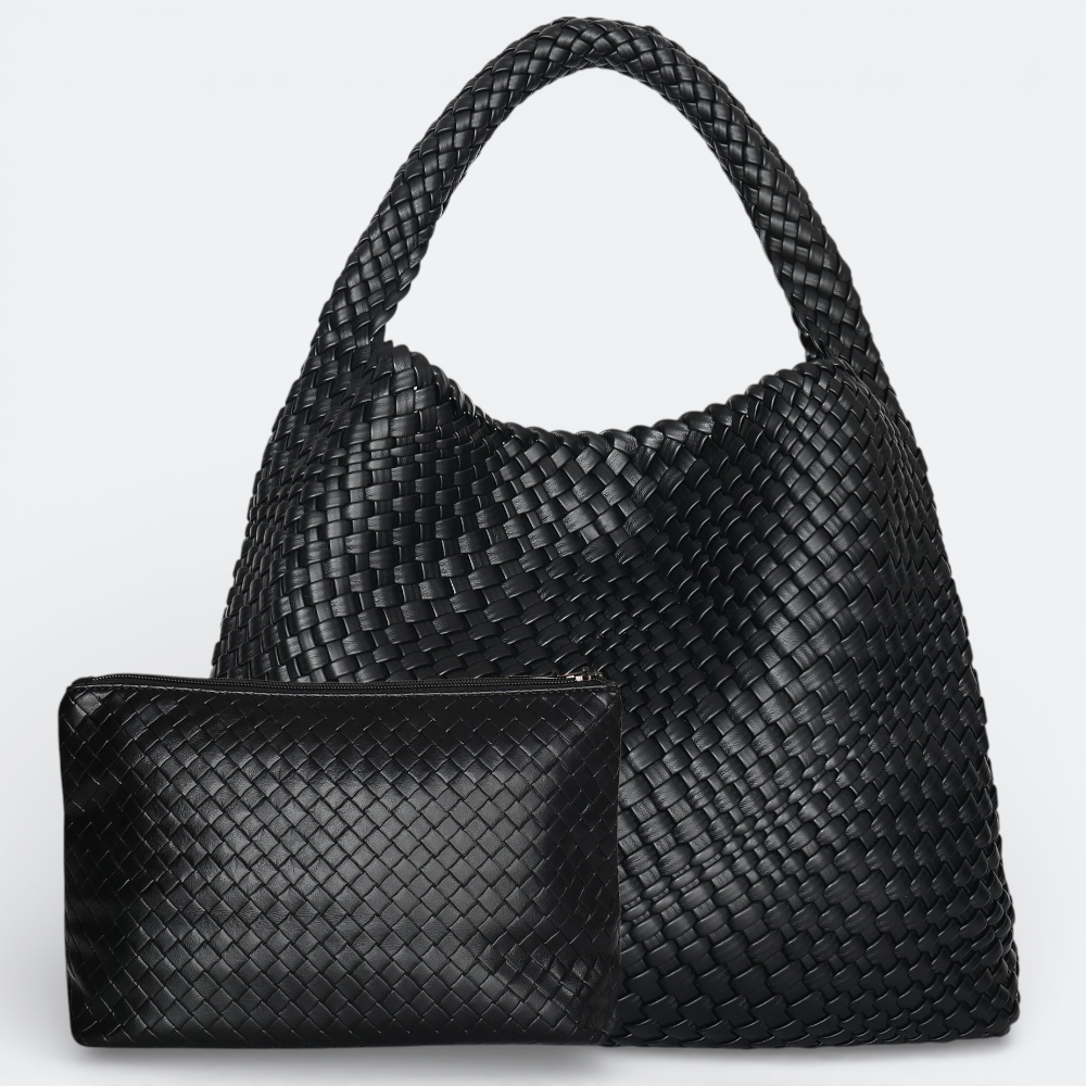 AïtaVia black woven leather tote bag with matching pouch. Spacious and stylish, perfect for travel.