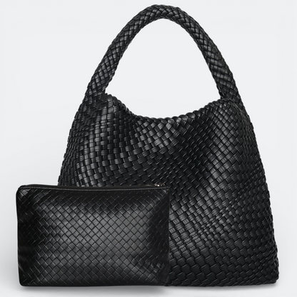 AïtaVia black woven leather tote bag with matching pouch. Spacious and stylish, perfect for travel.