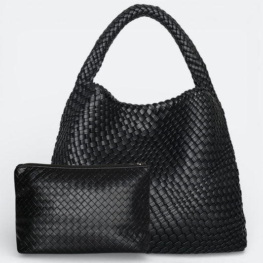 AïtaVia black woven leather tote bag with matching pouch. Spacious and stylish, perfect for travel.