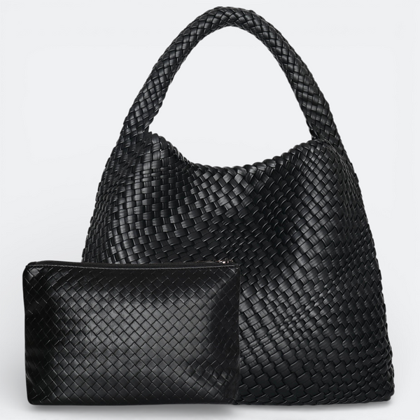 AïtaVia black woven leather tote bag with matching pouch. Spacious and stylish, perfect for travel.