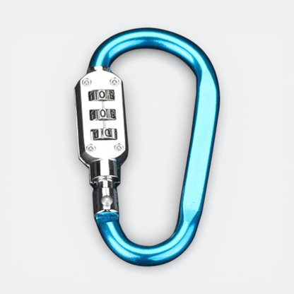 AïtaVia blue carabiner luggage lock with a 3-digit combination lock mechanism for travel security.