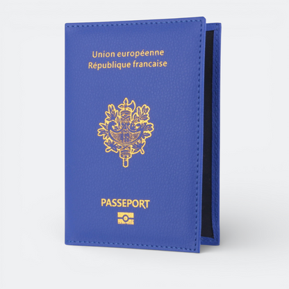 AïtaVia blue passport holder with gold French Republic emblem and text.