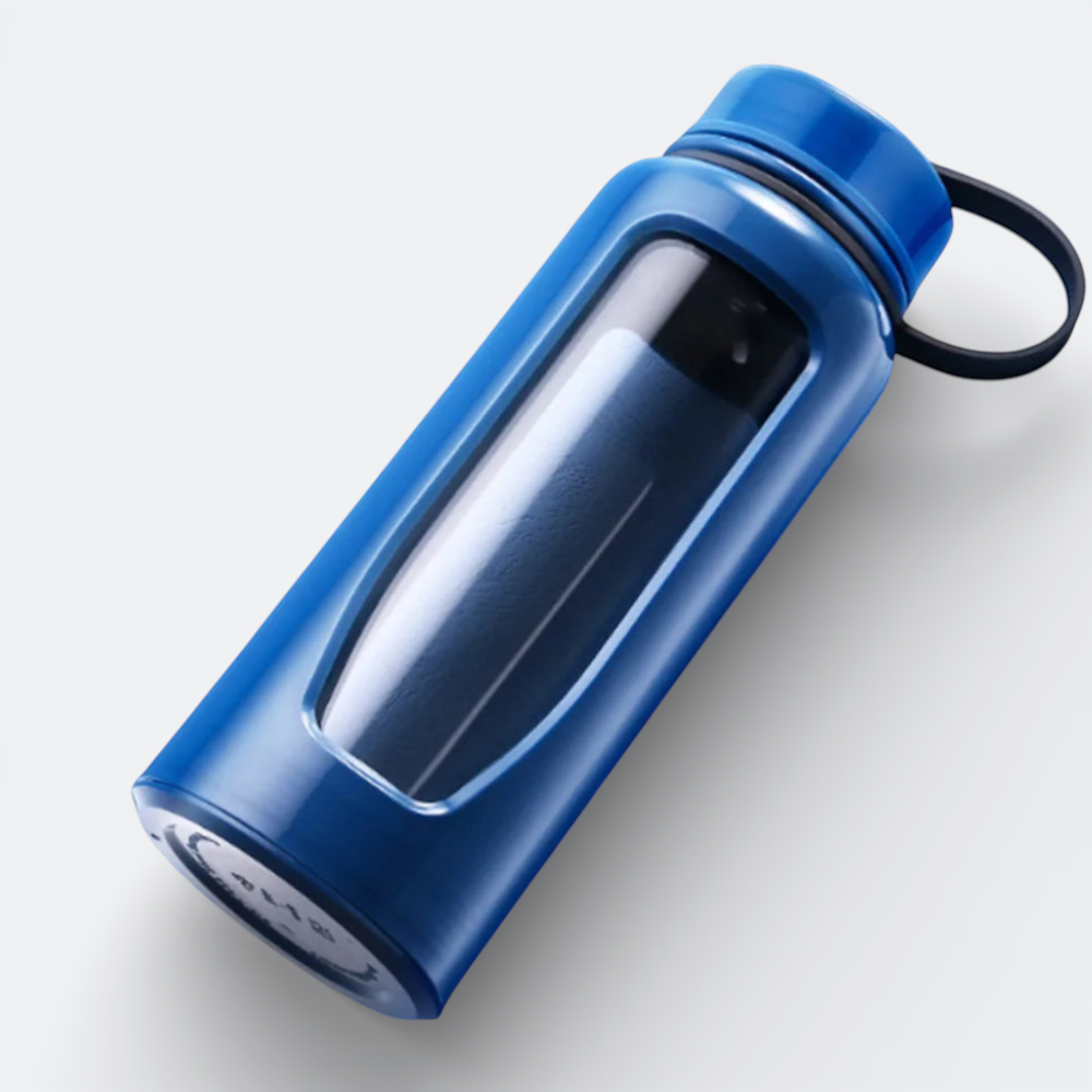 AïtaVia blue glass water bottle with a black carrying loop and a clear window.
