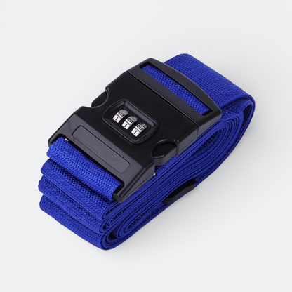 AïtaVia blue luggage strap with black combination lock, durable nylon for secure travel.