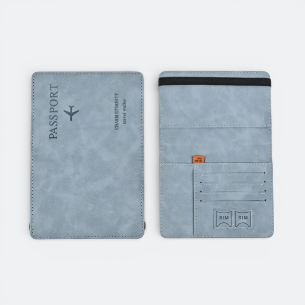 AïtaVia light blue passport holder for men, made of faux leather, with card slots and RFID protection.