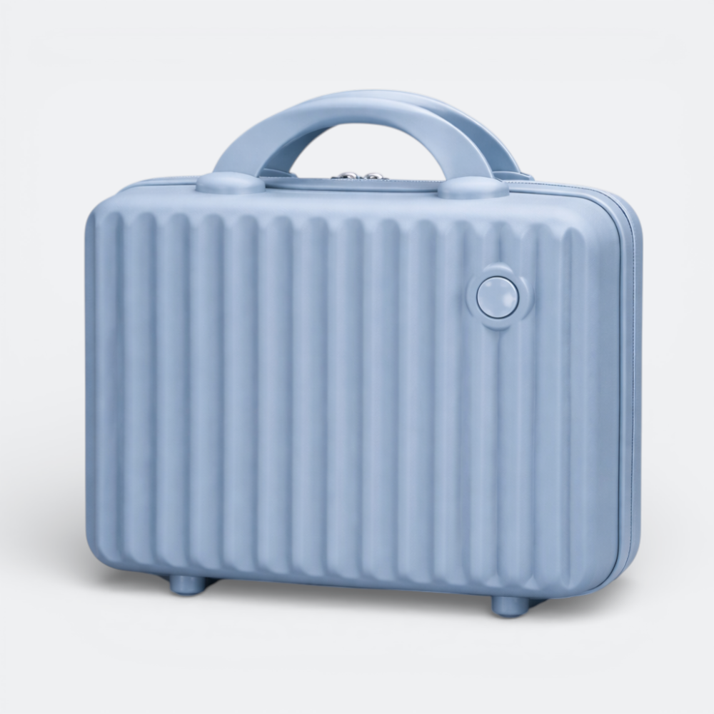AïtaVia blue ribbed petite makeup vanity case with a top handle and four small feet.
