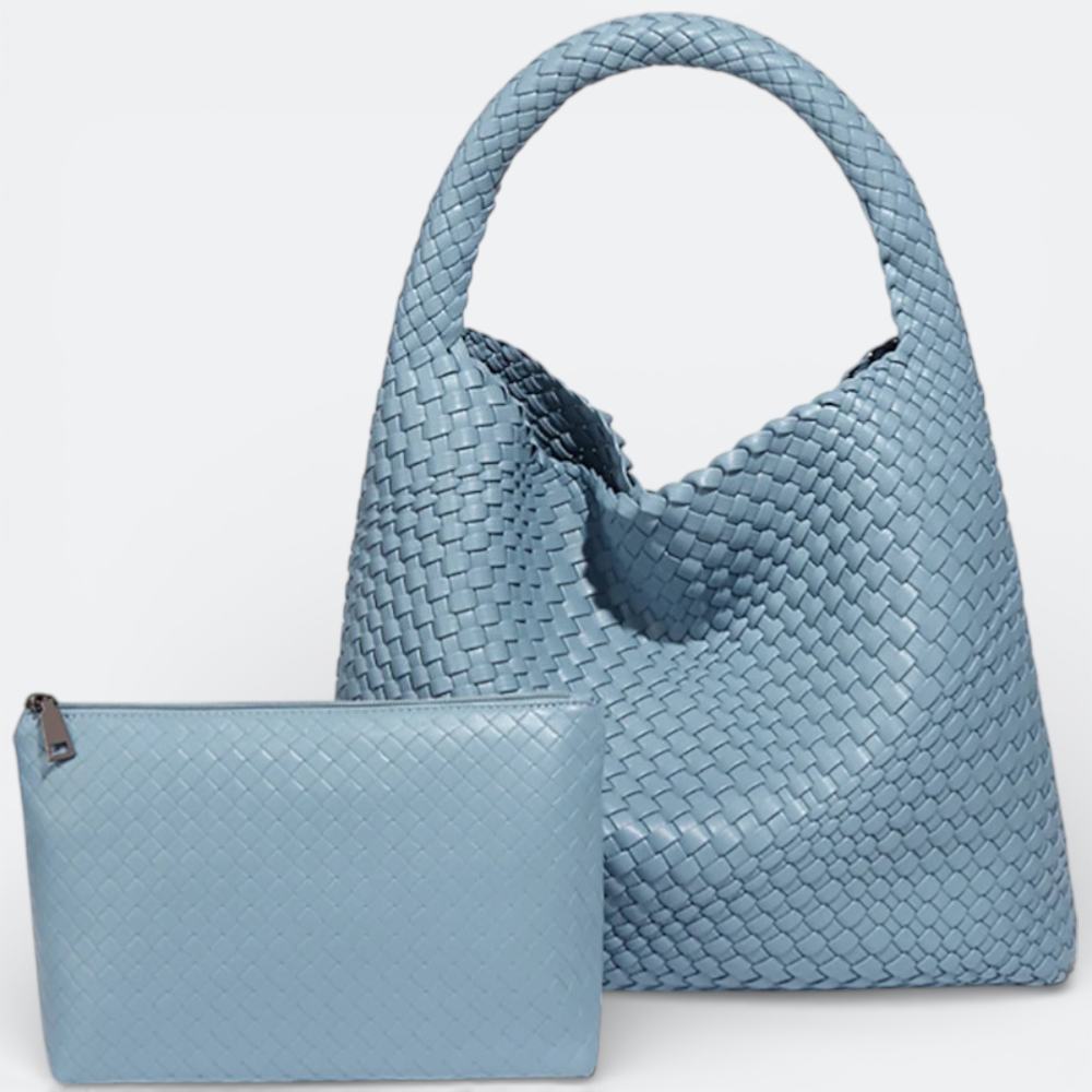 AïtaVia light blue woven leather hobo bag with matching zippered pouch. Spacious and stylish for travel.