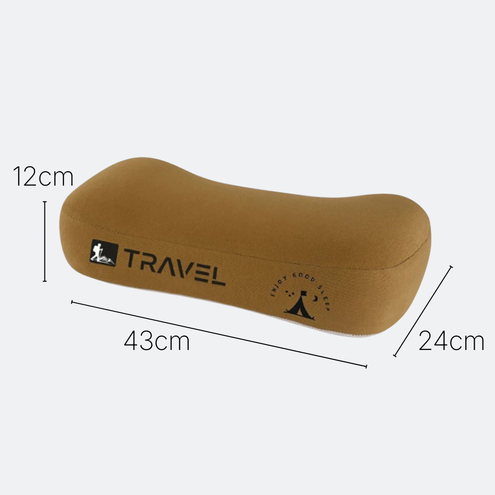 AïtaVia brown ergonomic camping pillow with 'TRAVEL' logo and tent graphic. Measures 43cm x 24cm x 12cm.