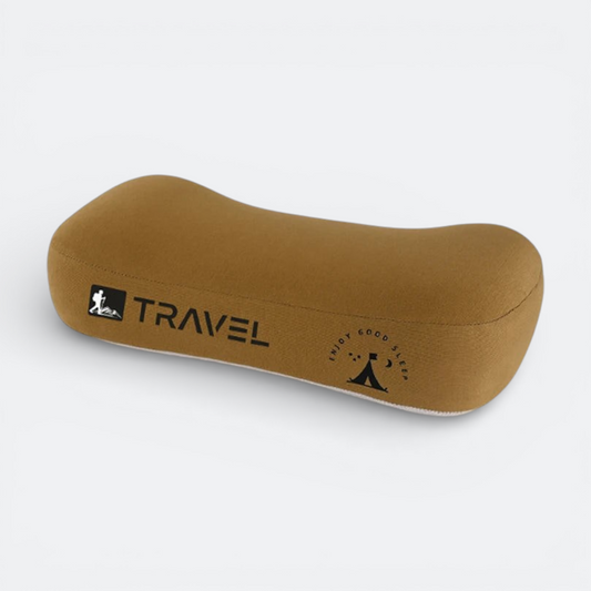 AïtaVia brown ergonomic camping pillow with 'TRAVEL' and 'ENJOY GOOD SLEEP' logos.