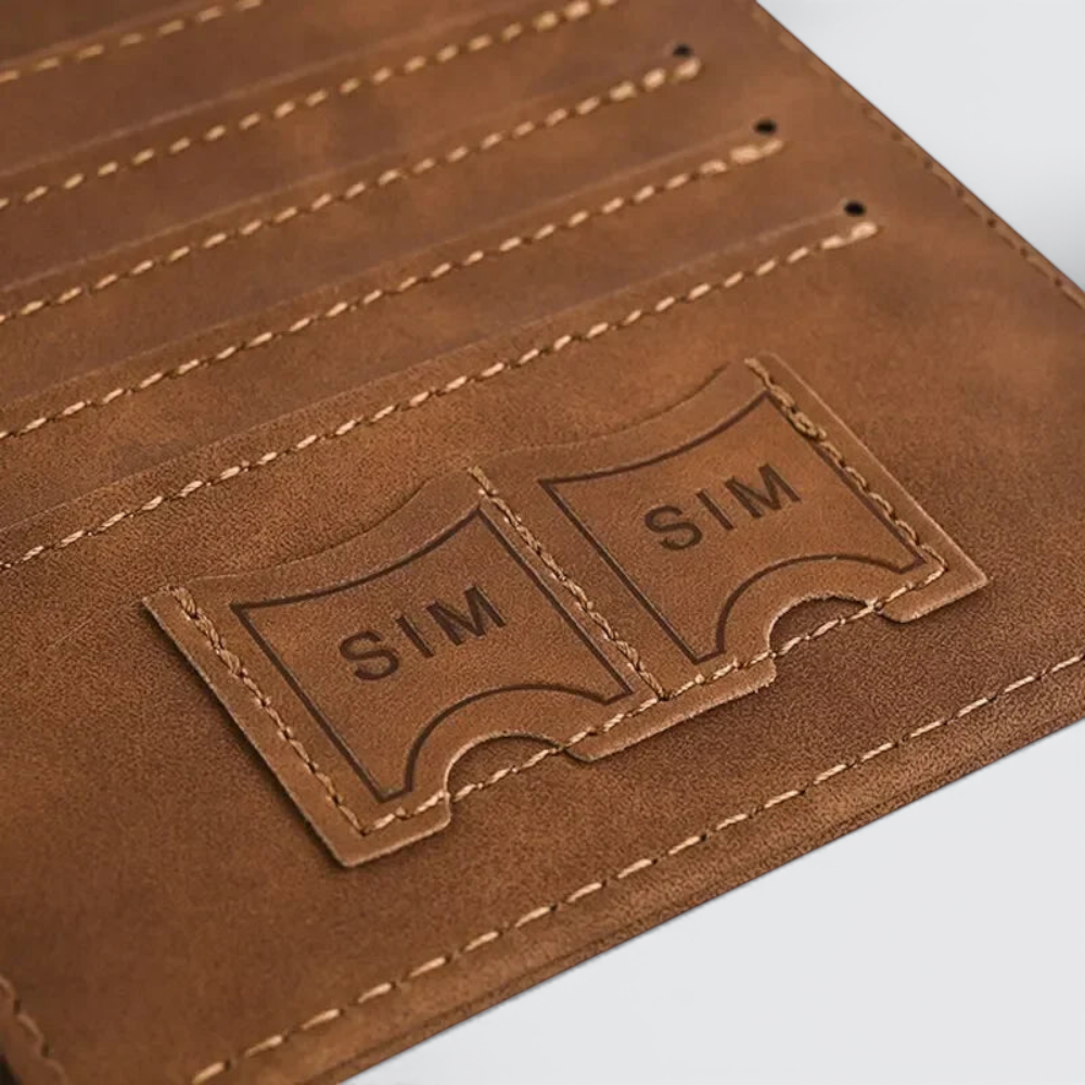 AïtaVia brown leather passport holder for men with multiple card slots and SIM card pockets.