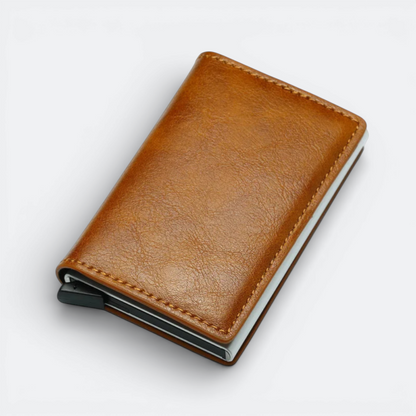 AïtaVia brown leather RFID blocking card holder with a slim metal case and card ejector.