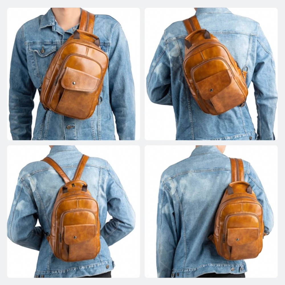 AïtaVia brown genuine leather sling backpack for men with front flap pocket and adjustable straps.