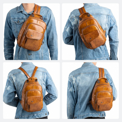 AïtaVia brown genuine leather sling backpack for men with front flap pocket and adjustable straps.