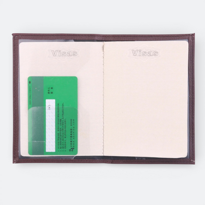 AïtaVia brown passport holder with clear pockets for visas and a card slot. Features French text.