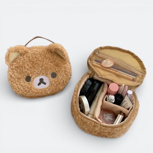 AïtaVia brown plush teddy bear cosmetic bag with zippered compartment and internal dividers, perfect for travel.